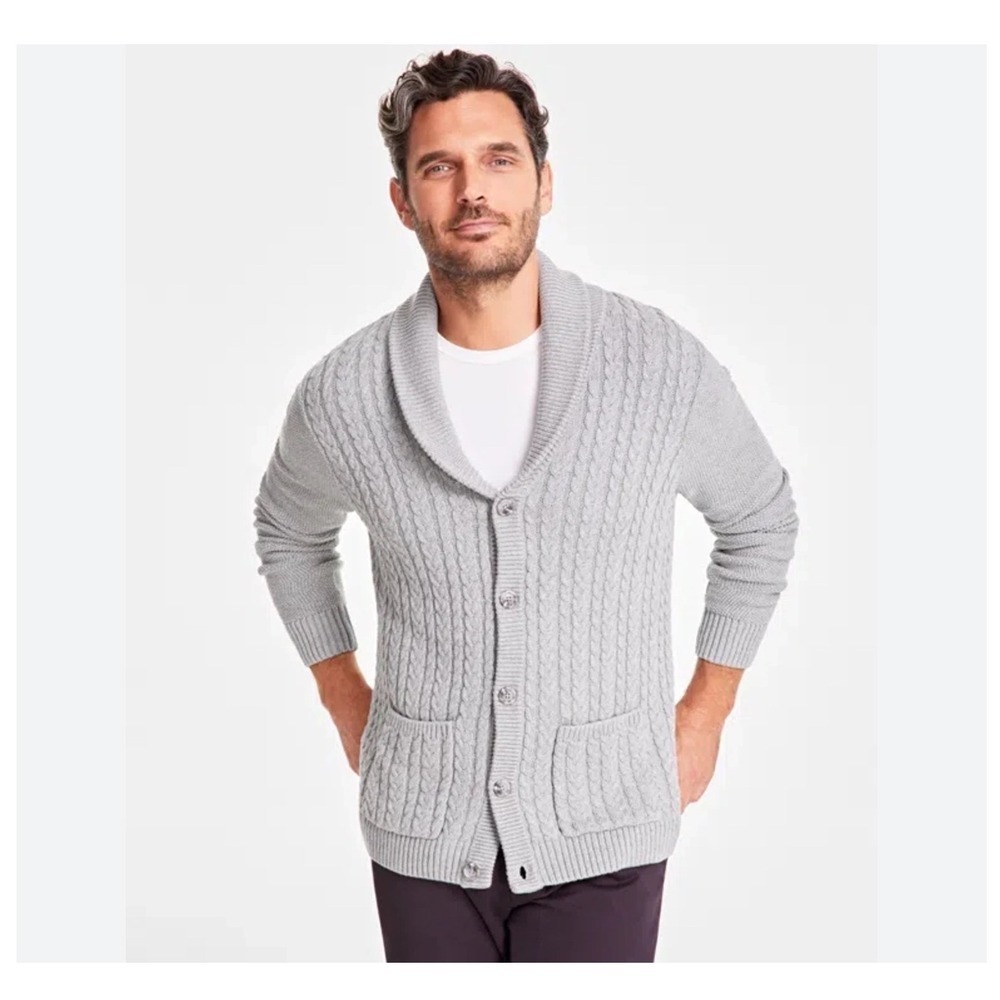 NWT Club Room Chunky Cable Knit Shawl‎ Collar Cardigan Grandpa Fisherman L Gray